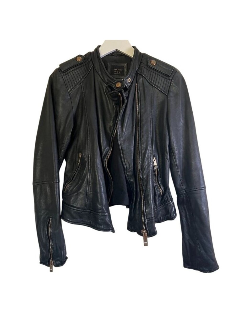 Zara Black Lamb Leather Moto Jacket Gold Hardware Quilted Biker Womens Sz Large - Picture 4 of 16